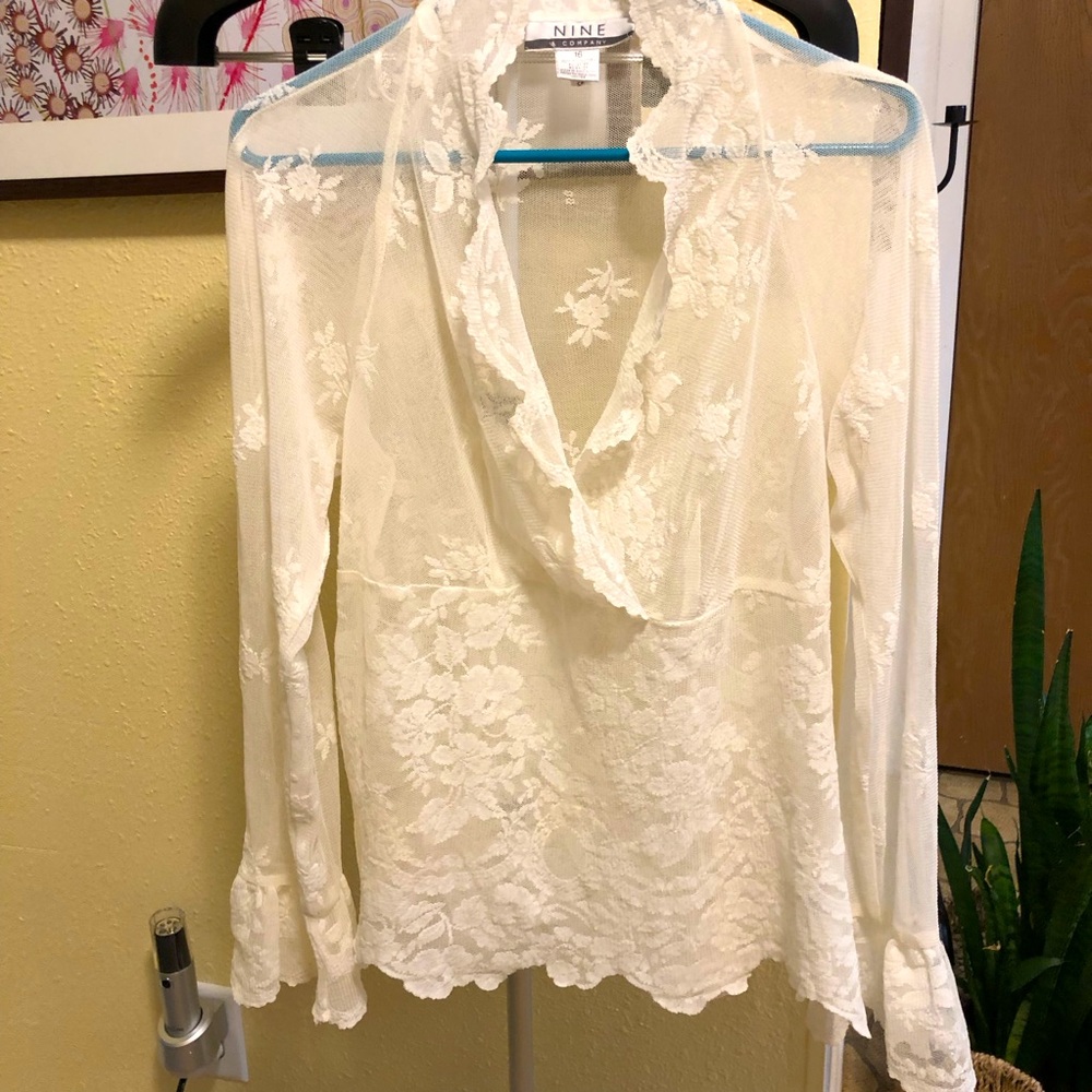 Nine & Company White Lace Long Sleeves Blouse top 16